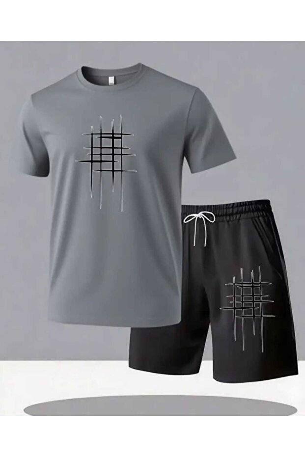 Men's Striped Grid Printed T-Shirt and Shorts Set