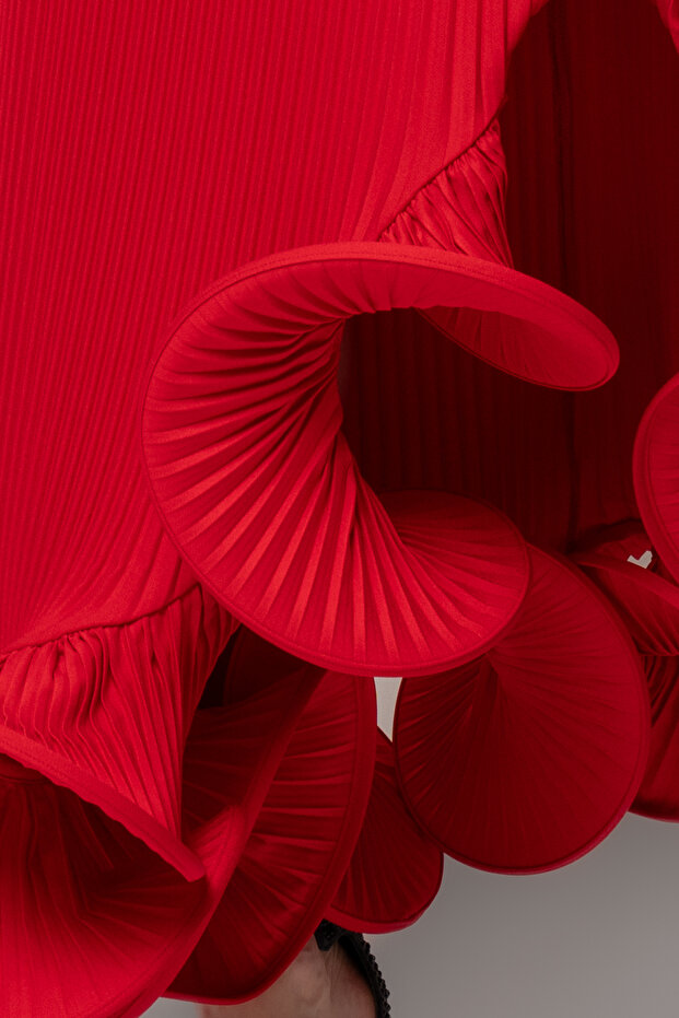 Etek ucu volanlı komple piliseli krep abiye elbise - 4