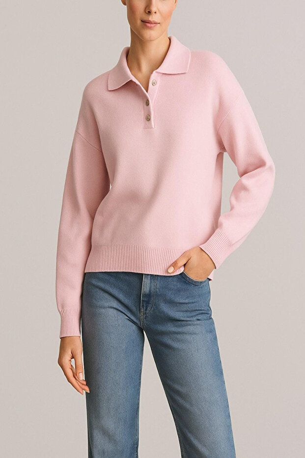 Kadın Düğmeli Basic Düz Uzun Triko Kazak - 1