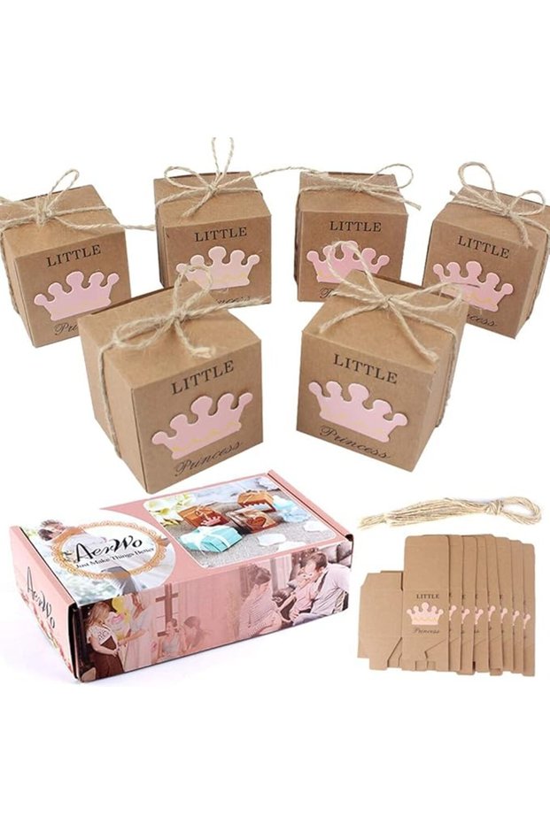 50pcs Little Princess Baby Shower Favor Boxes with 50 Twine Bows - Pink
