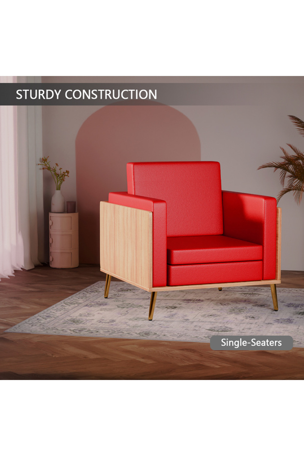 KD 3326 Coco Bolo Wooden Single Seat Sofa with Golden Legs and Red PU Cushion for Office - 5