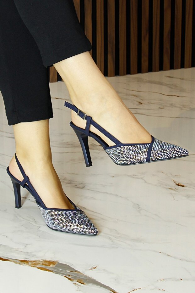 Sacha Premium Navy Blue Crepe Stone Open Back Pointed Toe Thin Heeled Evening Dress Shoes