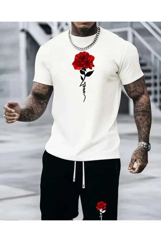 Men's Single Red Rose Printed T-Shirt and Shorts Set