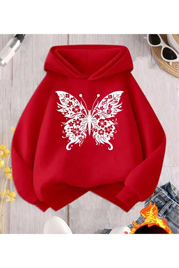 Women's Floral Patterned Butterfly Printed Hoodie