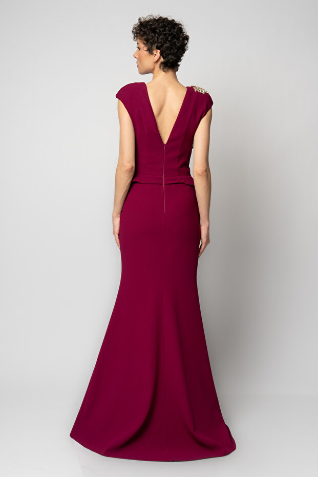 Robası dallı çiçek taş işli ay kollu krep abiye elbise - 3