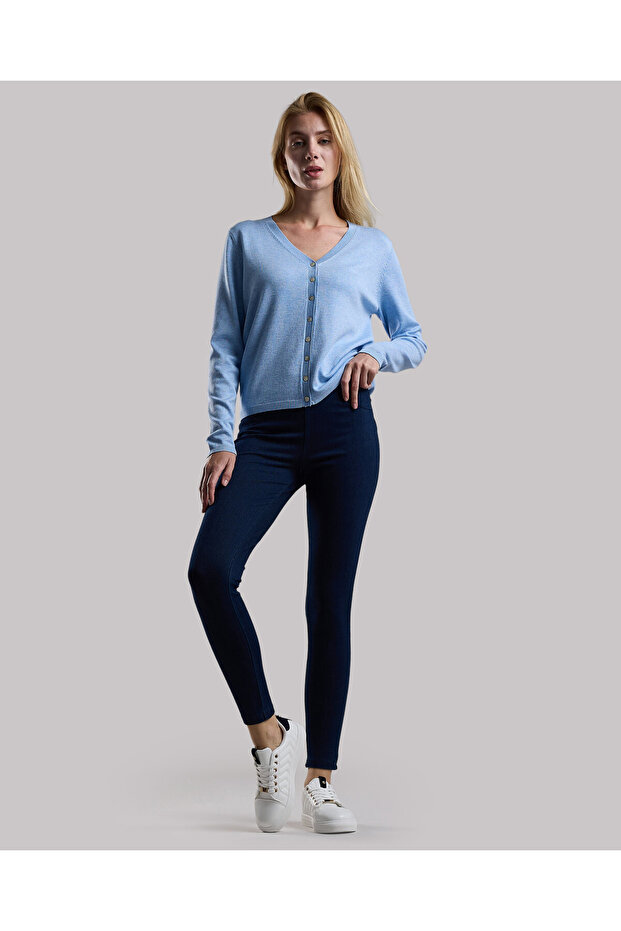 Solid V-Neck Cardigan with Button Closure - 3