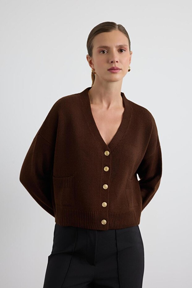 Gold Buttoned Knitwear Cardigan Brown
