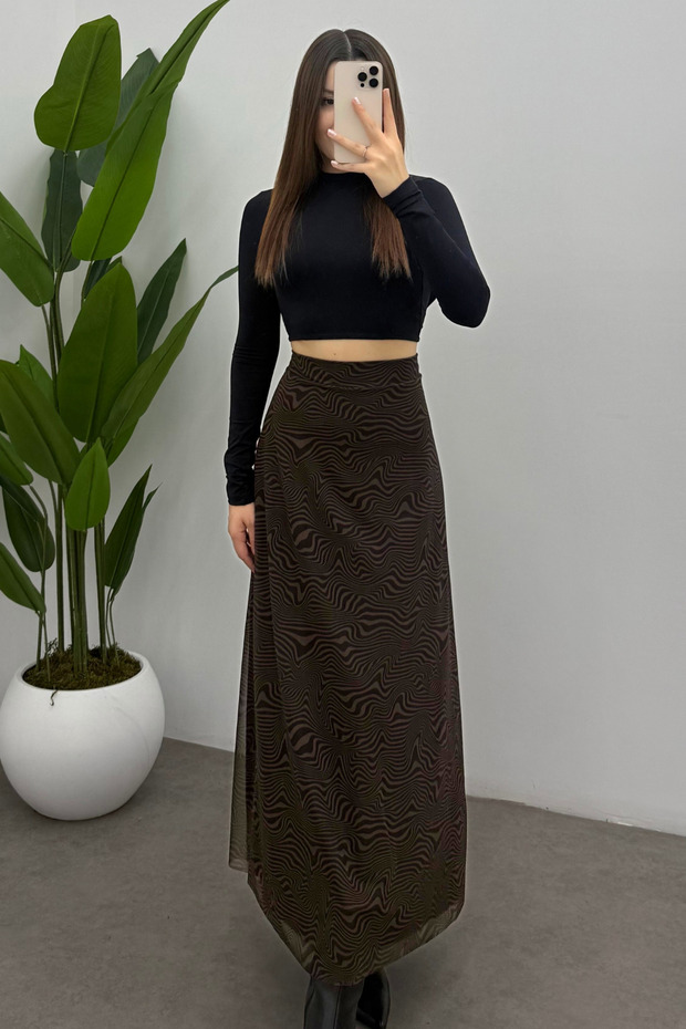 Women's Brown Thin Wave Printed Tulle Skirt with Back Elastic Detail and Zipper