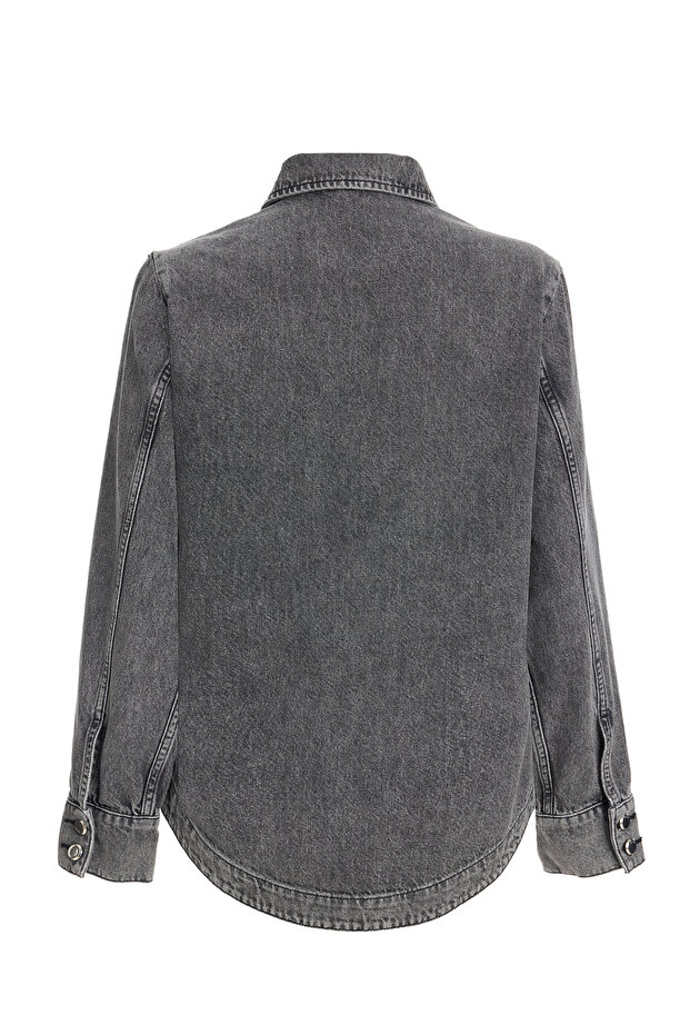 Kadın Örme Detaylı Denim Gömlek - 2