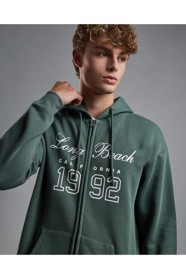 Typography Print Hooded Jacket with Zipper Closure
