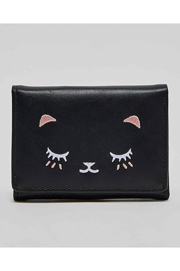 Black Women's Embroidered Tri-Fold Wallet