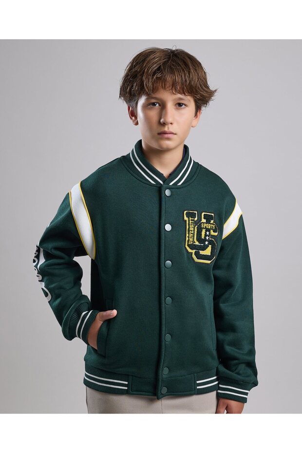 Appliqued Varsity Jacket with Button Closure - 1