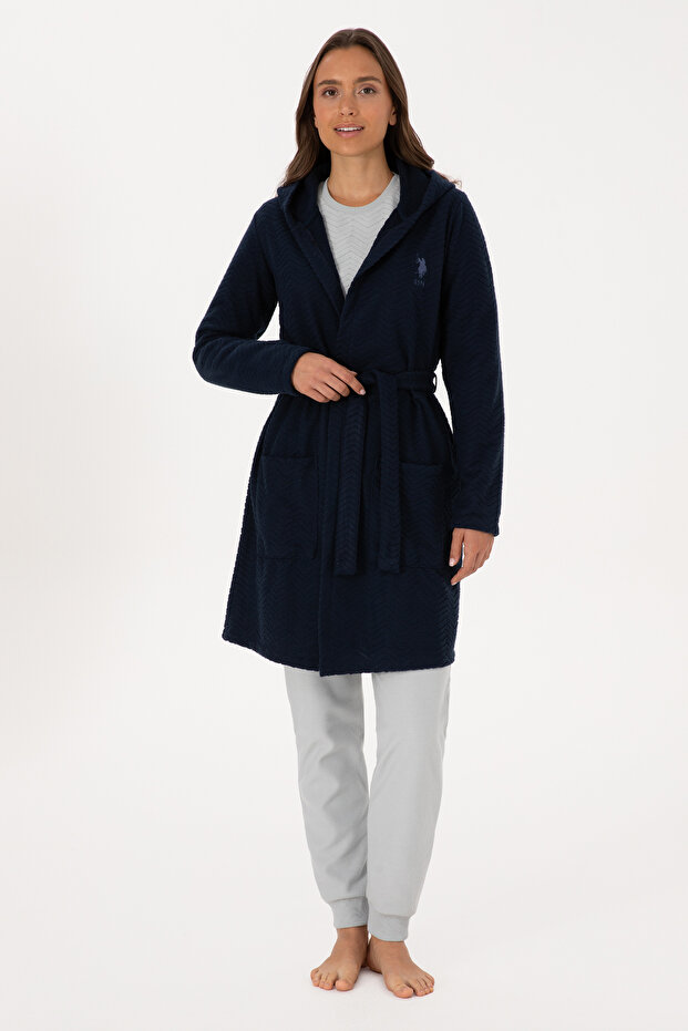 Women's Navy Blue Belted Dressing Gown 50318881-Vr033
