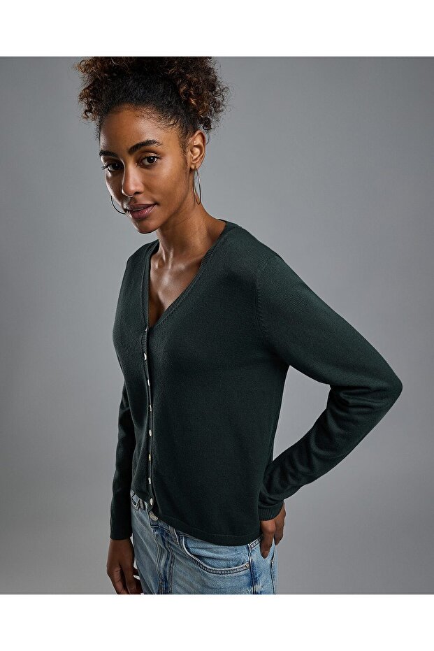 Solid V-Neck Cardigan with Button Closure - 4