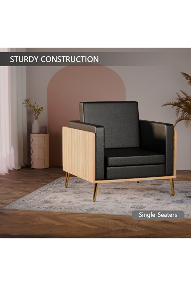 KD 3326 Coco Bolo Wooden Single Seat Sofa with Golden Legs and Black PU Cushion for Office - 5