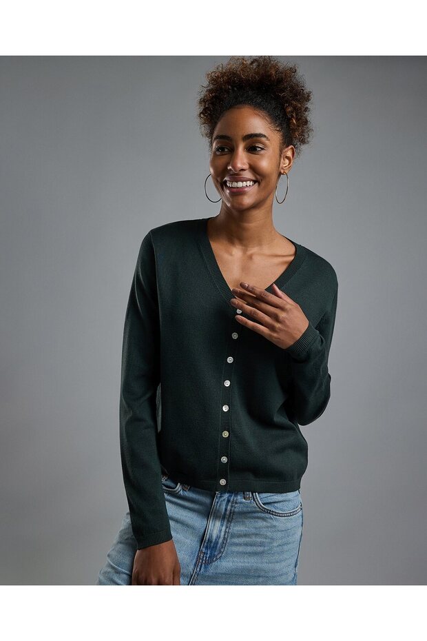 Solid V-Neck Cardigan with Button Closure - 1