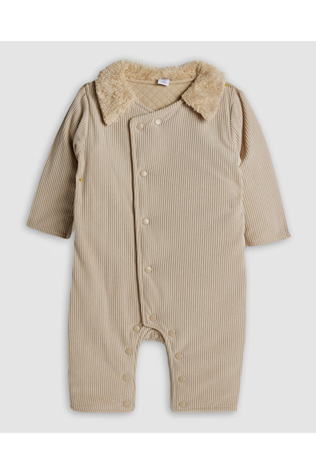 Beige Boy Solid Collared Romper - 1