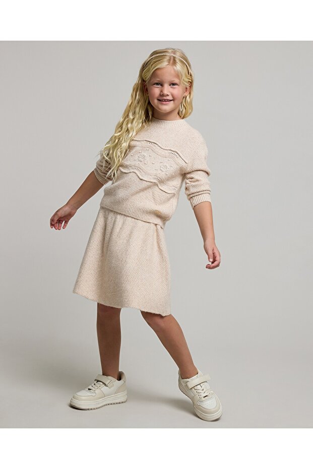 Beige Girl's Knitted Sweater and Skirt Set