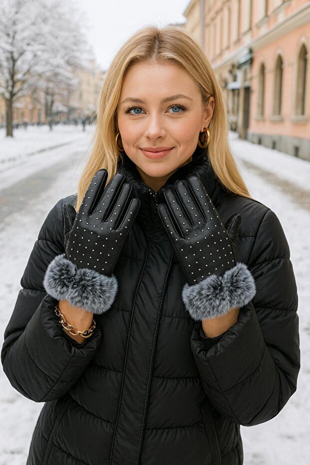 Black Leather Women's Gloves with Fur on the Wrist and Stone Embellishments