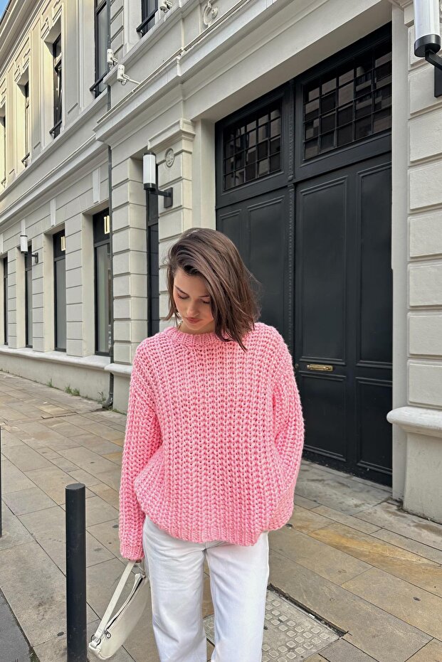 Selanik Örme Triko Kazak Pembe - 2