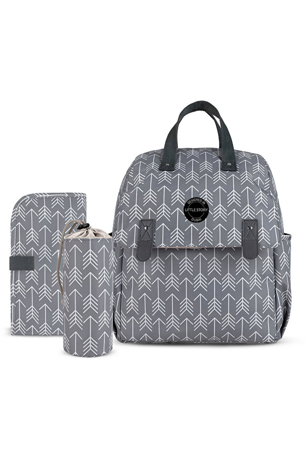 set of 3 Diaper Backpack with Changing Mat and Bottle Bag - Arrow Grey