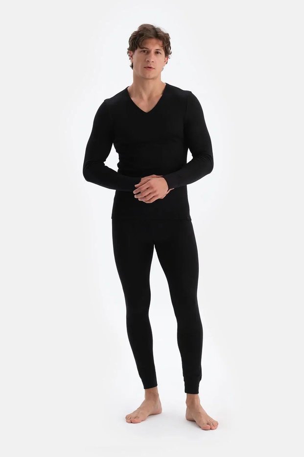6035V6250 Men's Long Sleeve V-Neck Thermal Underwear Suit-Black