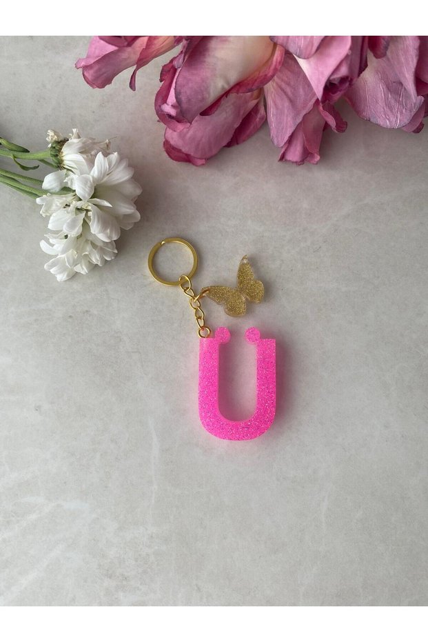 Letter U Pink Glitter Keychain & Charm [with Pompom Option]