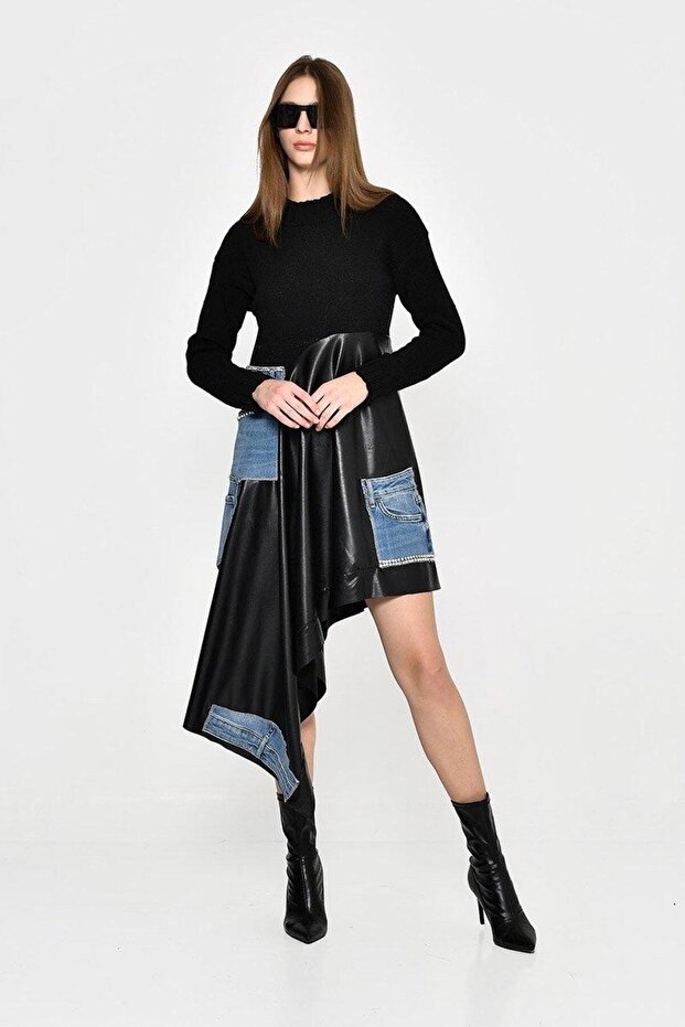 Asymmetrical Denim and Stone Detail Dress