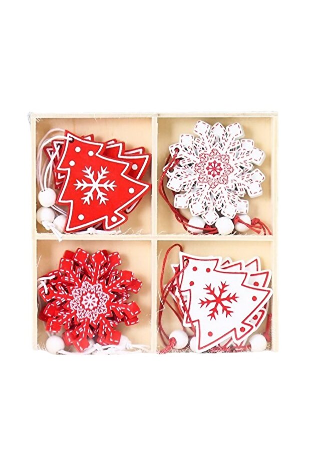 Set of 12 Wooden Christmas Decorations, with String for Hanging in the Tree, -Red - 1