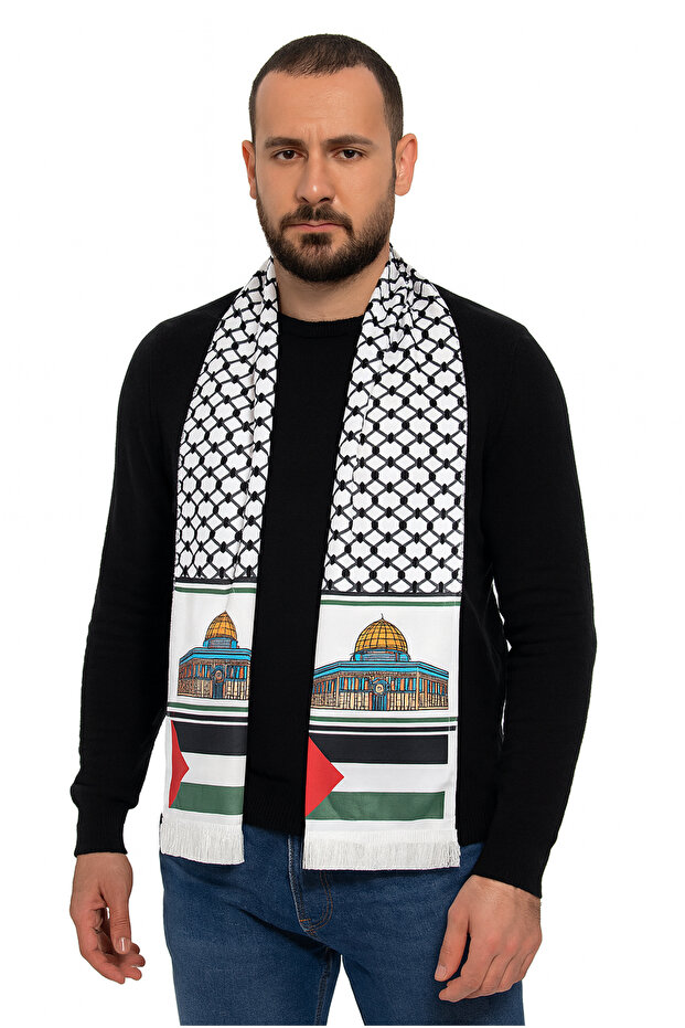 وشاح من الساتان بنمط فلسطيني بطابع القدس - أبيض