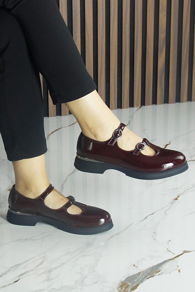 Burgundy Patent Leather Genuine Cowhide Double Strap Mary Jane Thick Heeled Casual Shoes