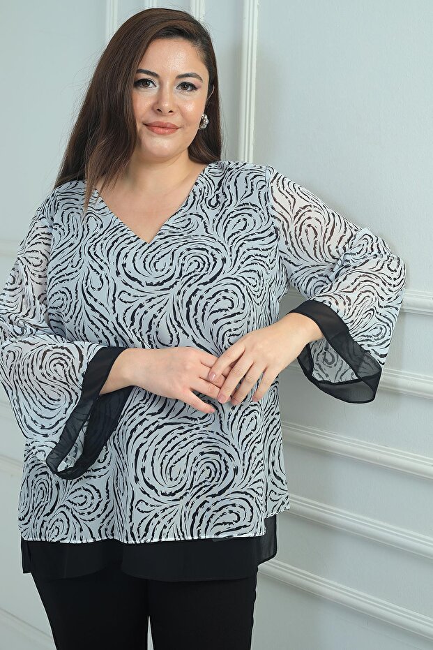 Women's V-Neck Patterned Plus Size Chiffon Blouse