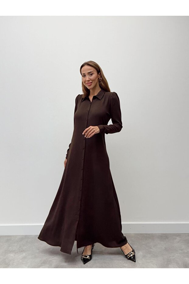 Women's Sleeve Zippered Buttoned Maxi Brown Dress