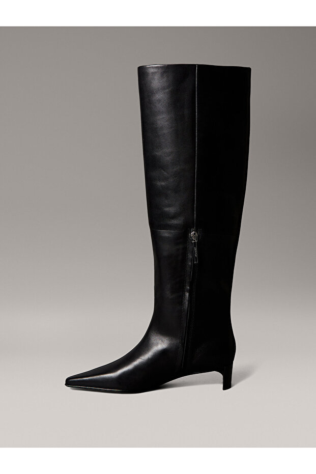 Leather Kitten Heel Knee Boots - 6