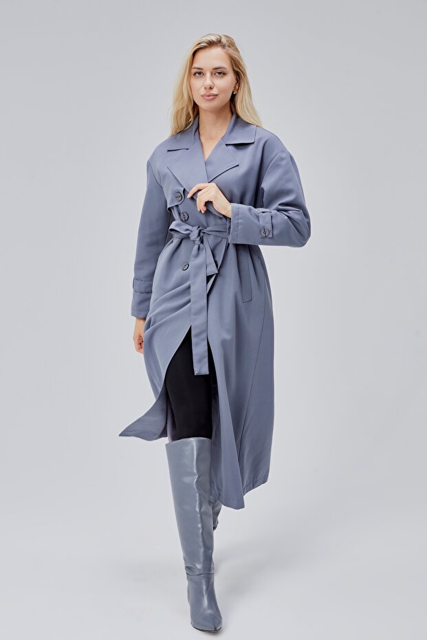 Gray Oversize Trench Coat with Windbreaker Detail