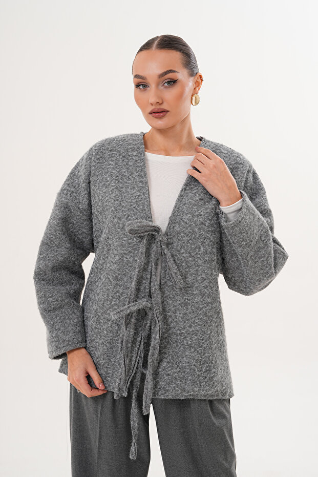 Kırçıllı Önü Bağlamalı Gri Oversize Kaban - 2