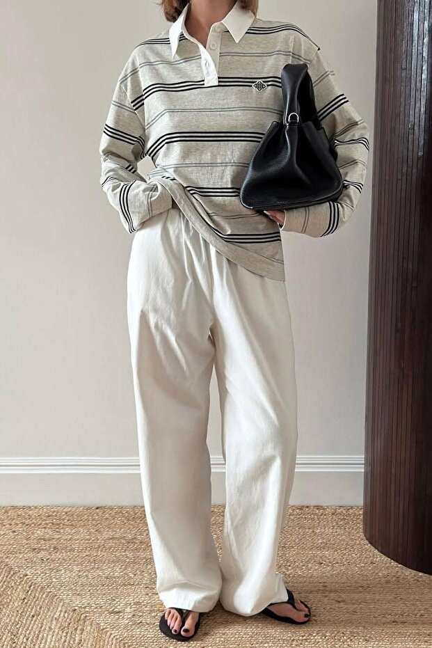 Gray Polo Neck Striped Women's Sweatshirt Sh297