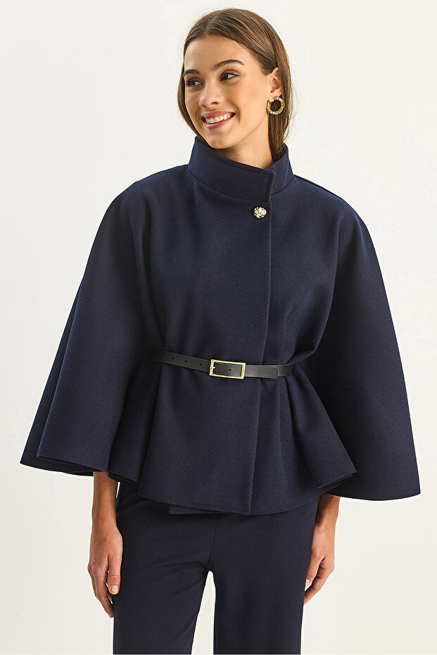 Women's Navy Blue Gold Button Detailed Belted Poncho 2712 60261570