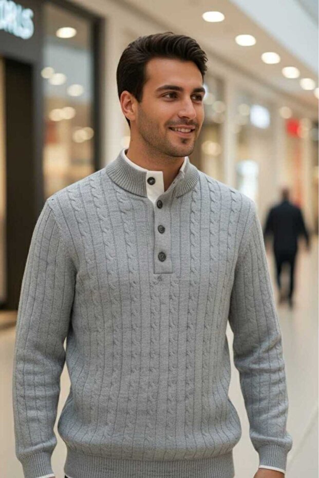 Ayon Gray Color Buttoned Collar Hair Knit Cashmere Knitwear