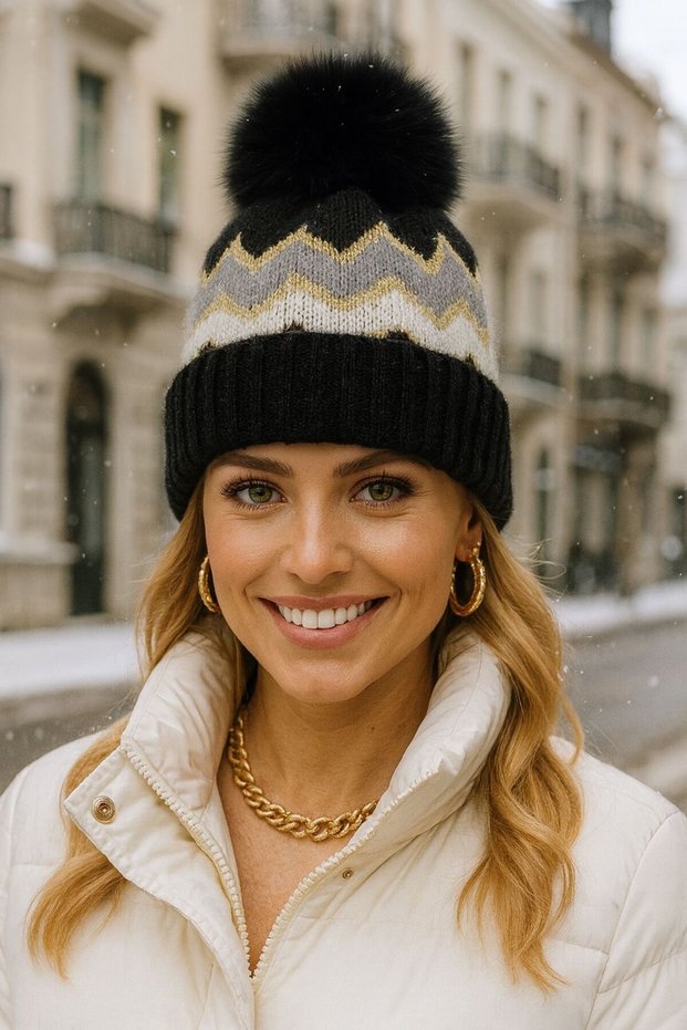 Black Zigzag Patterned Women's Beret