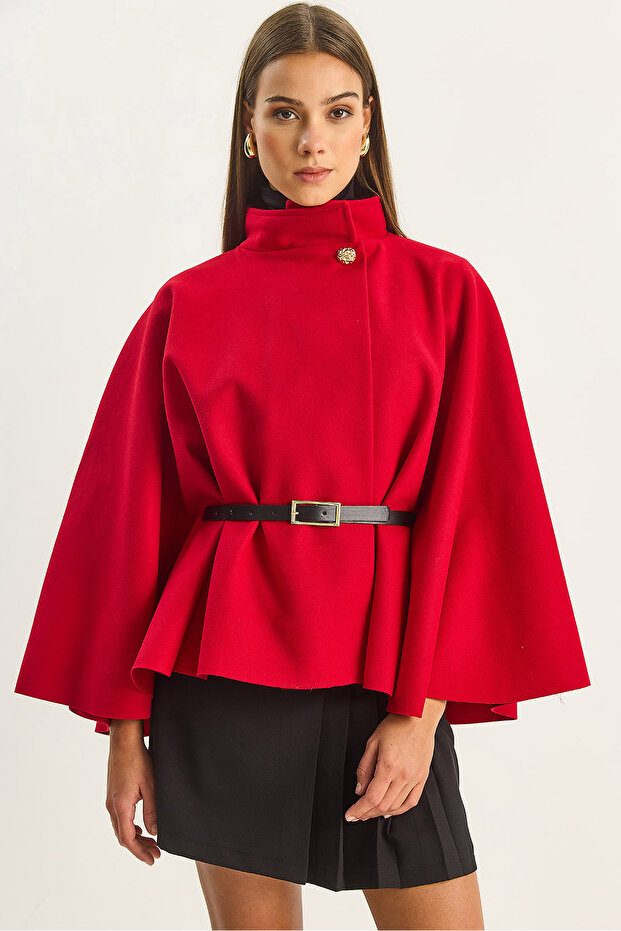 Women's Red Gold Button Detailed Belted Poncho 2712 60261570