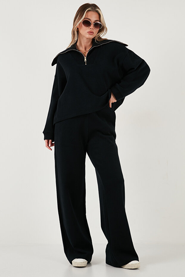 Cotton Oversize Fit Half Zipper Collar Long Sleeve Knitwear Suit Set 68351218