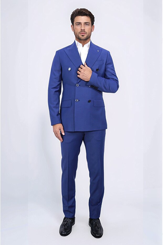 Slim Fit Pointed Collar Double-Breasted Petrol Blue Suit