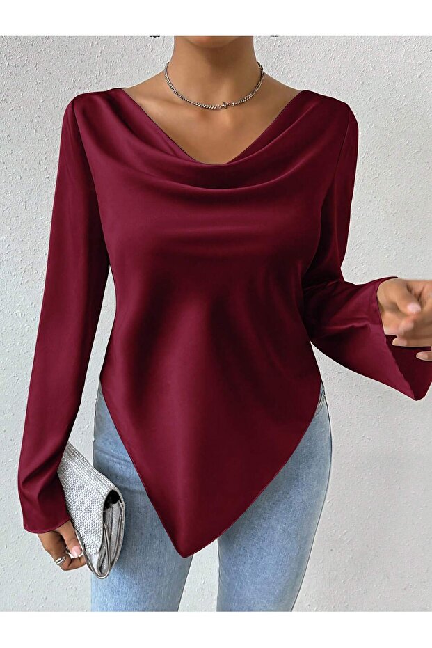 bordo polyester kumaş drapeli yaka İspanyol kol drapeli yaka üst bluz - 1