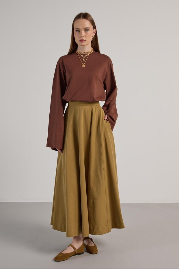 Women's Oil Green Premium Fabric Flared Long Skirt 30015