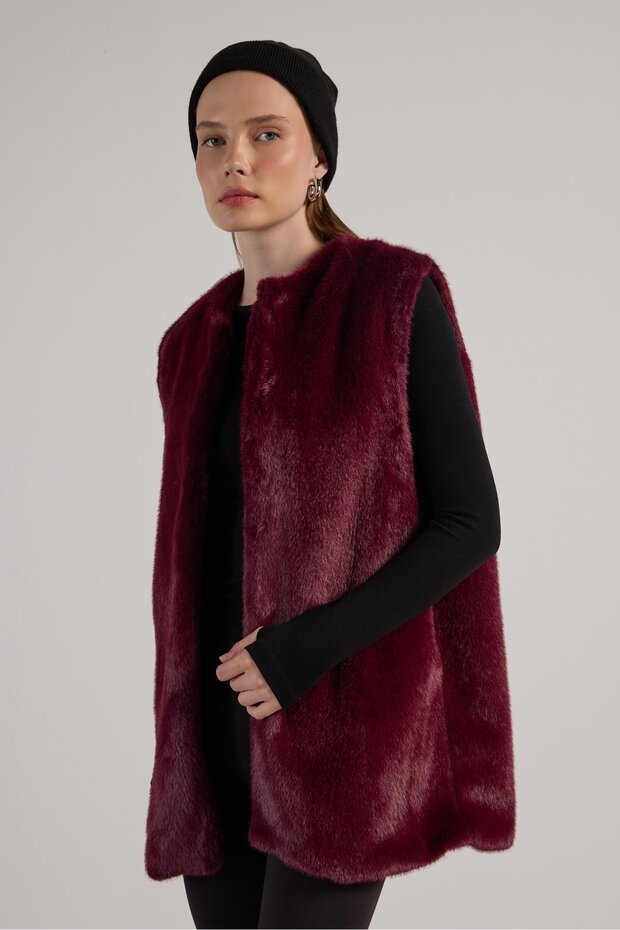 Women's Burgundy Long Lined Fur Vest 30072