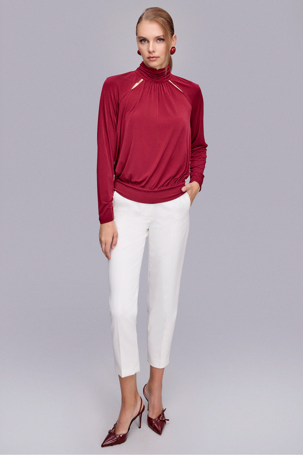 Pencere Detaylı Örme Bordo Bluz - 3