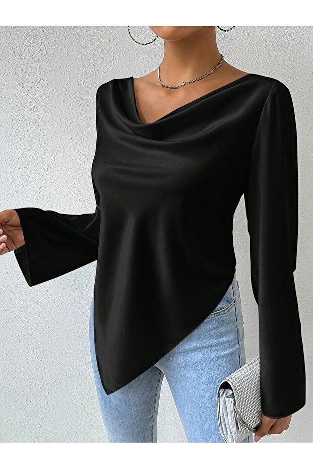 Siyah polyester kumaş drapeli yaka İspanyol kol drapeli yaka üst bluz - 4