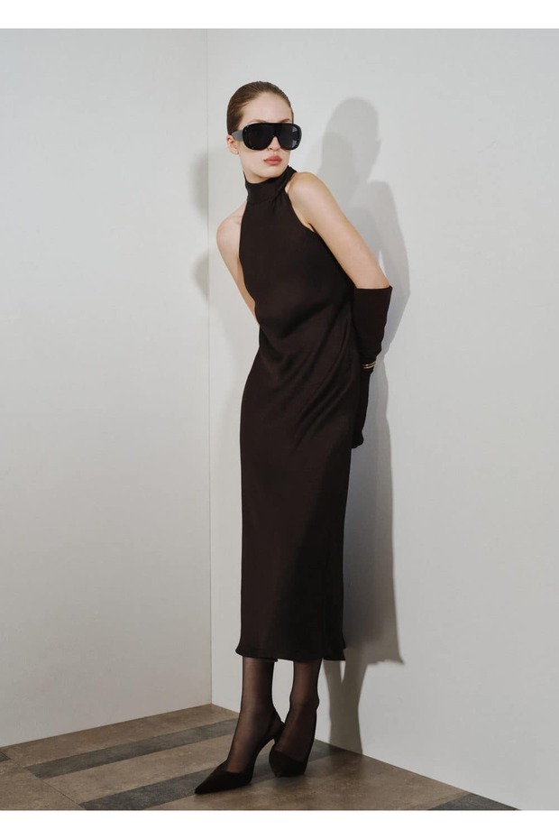 Kırışık görünümlü saten elbise - 2