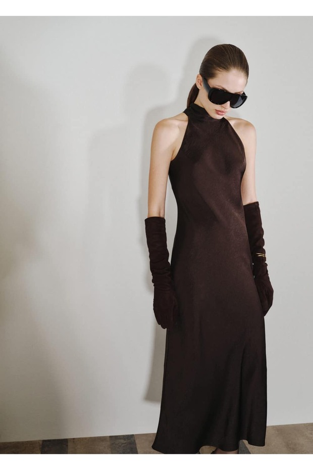 Kırışık görünümlü saten elbise - 1